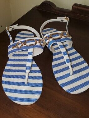 kate spade White and Blue Striped Chain-Link Thong Sandals